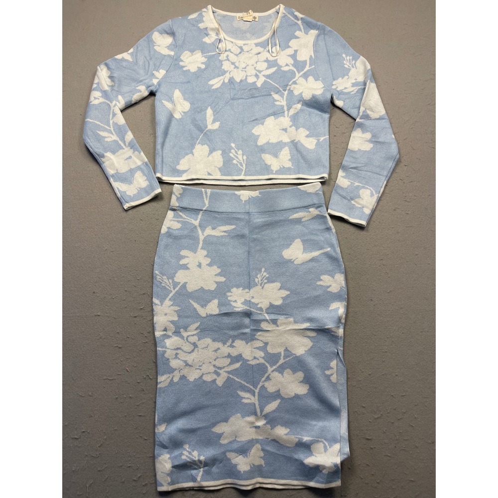 Cherie Collette Skirt Set Viscose Polyester Blue Floral Butterfly Medium Womens